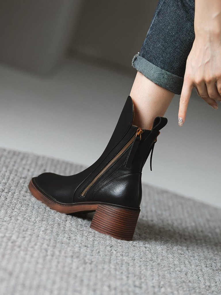 Block Heel Faux Leather Ankle Boots with Side Zipper for Women