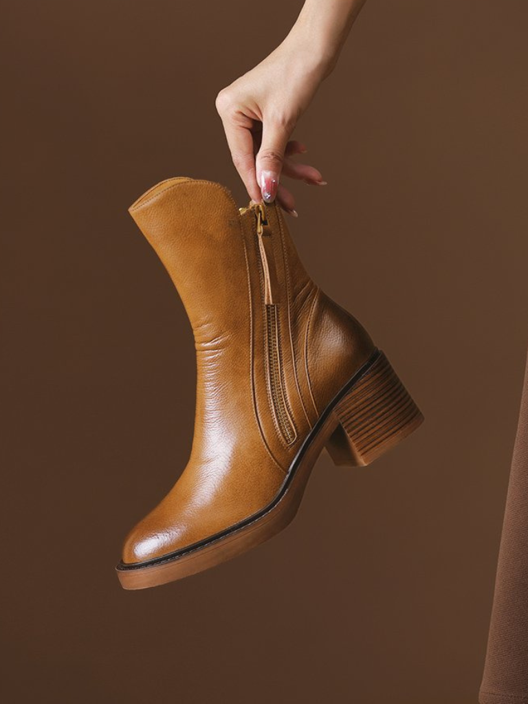 Block Heel Faux Leather Ankle Boots with Side Zipper for Women