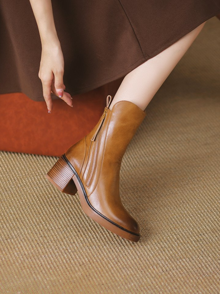 Block Heel Faux Leather Ankle Boots with Side Zipper for Women