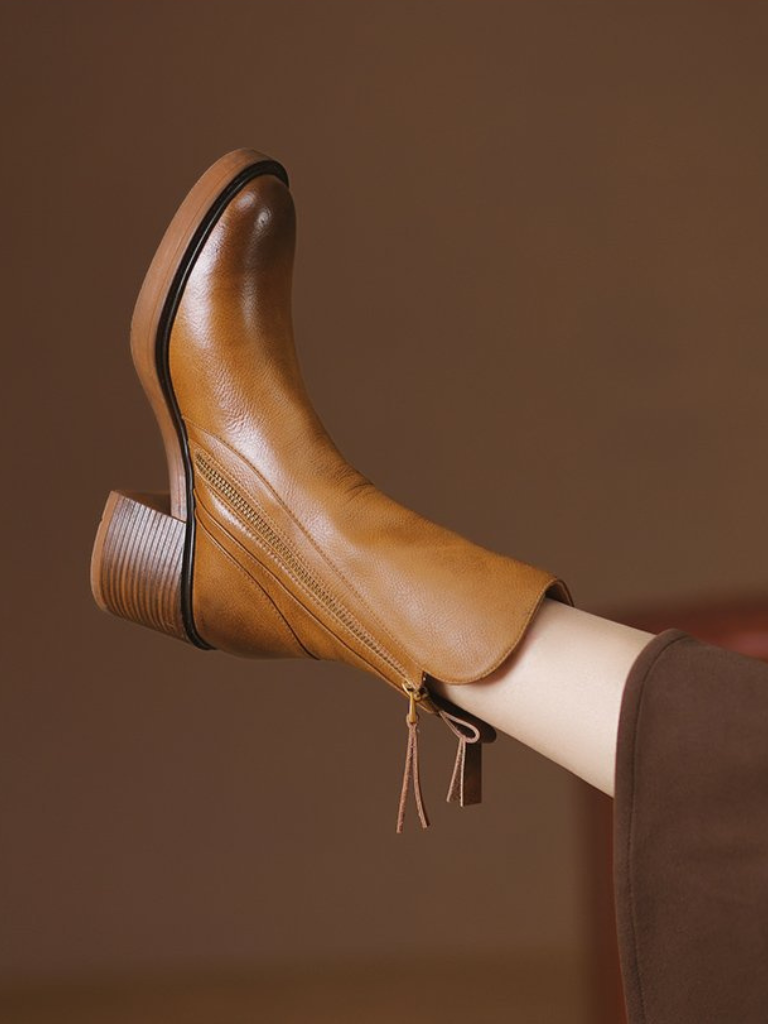 Block Heel Faux Leather Ankle Boots with Side Zipper for Women
