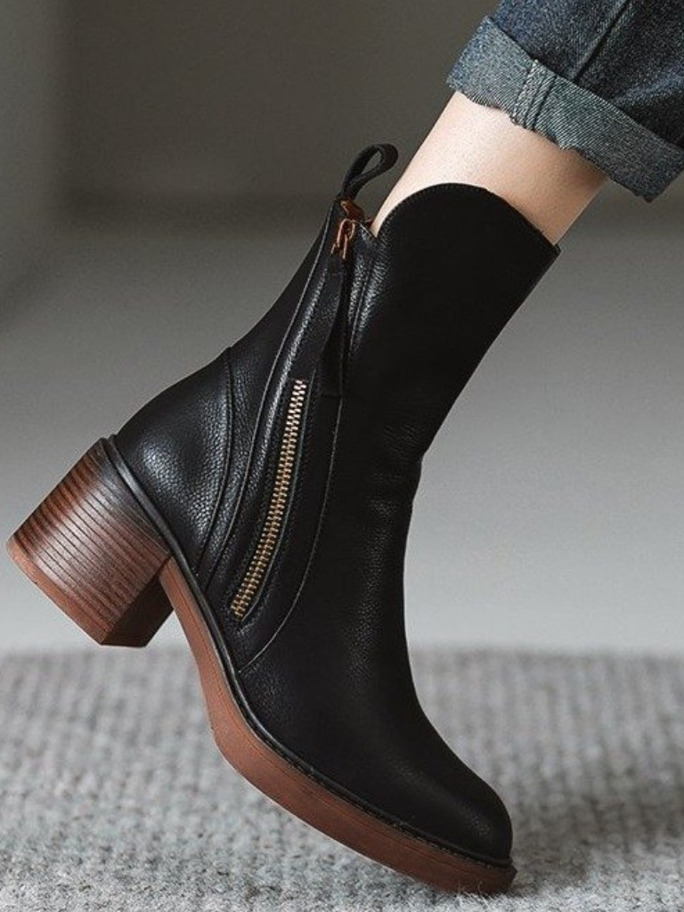Block Heel Faux Leather Ankle Boots with Side Zipper for Women