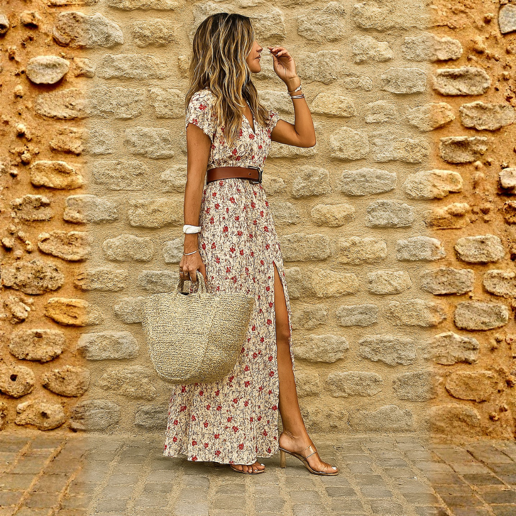 Maxi Dress with Floral Print and V-Neck for Women