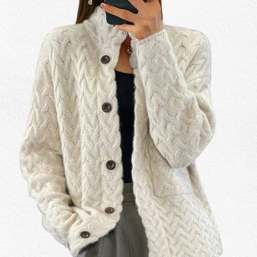 Open Front Cable Knit Cardigan with Button Closure for Women