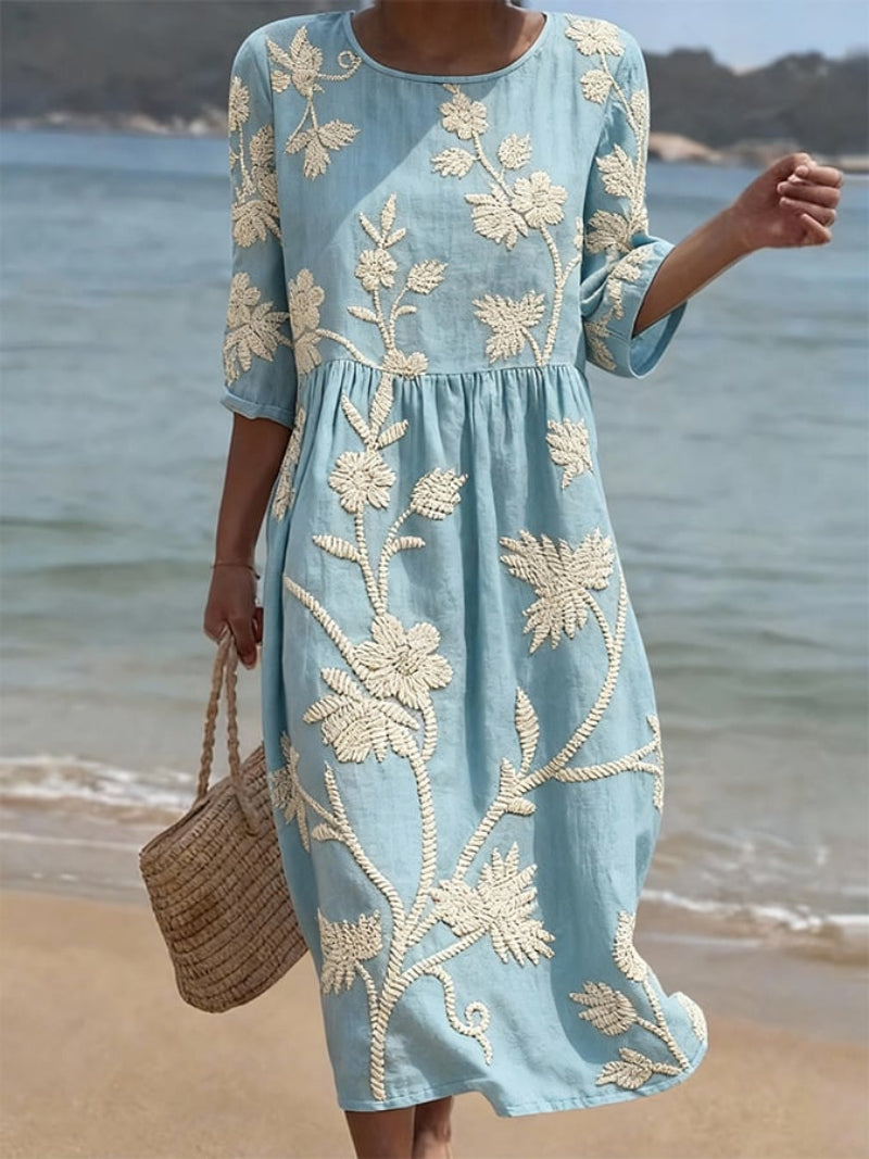 Vintage Dress with Floral Embroidery for Women