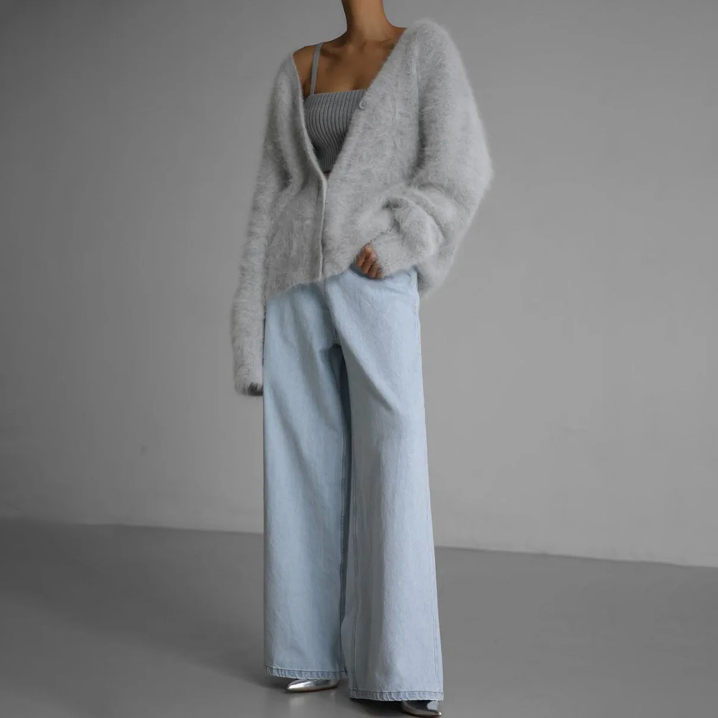 Oversized V Neck Fuzzy Knit Cardigan with Button Front for Women