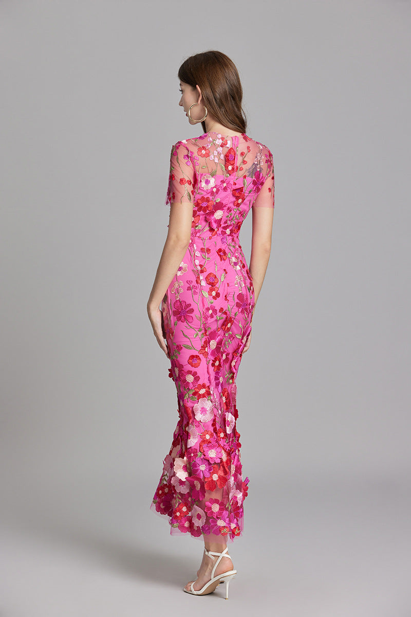 Fitted Long Dress with Floral Embroidery for Women | Perfect for Going Out