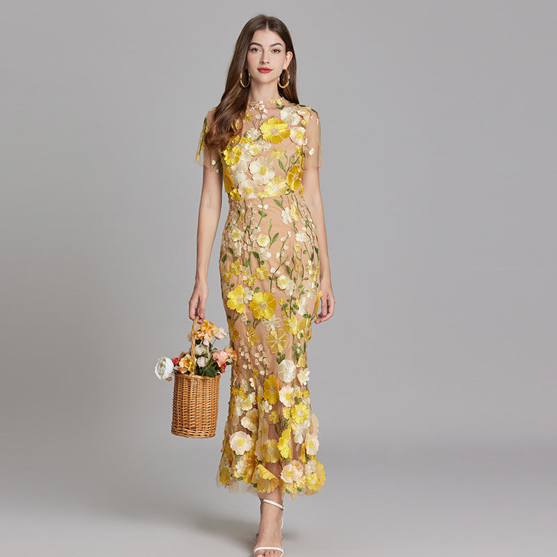 Fitted Long Dress with Floral Embroidery for Women | Perfect for Going Out