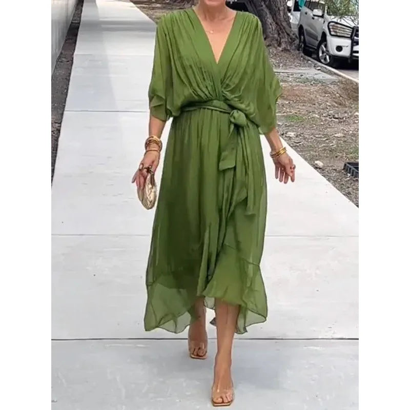 Irregular Chiffon Dress with Bat Sleeve for Women
