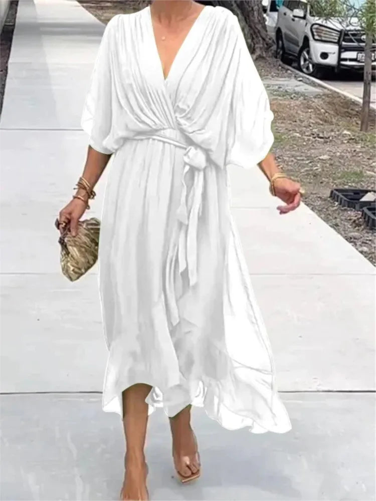 Irregular Chiffon Dress with Bat Sleeve for Women