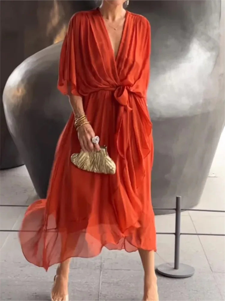 Irregular Chiffon Dress with Bat Sleeve for Women