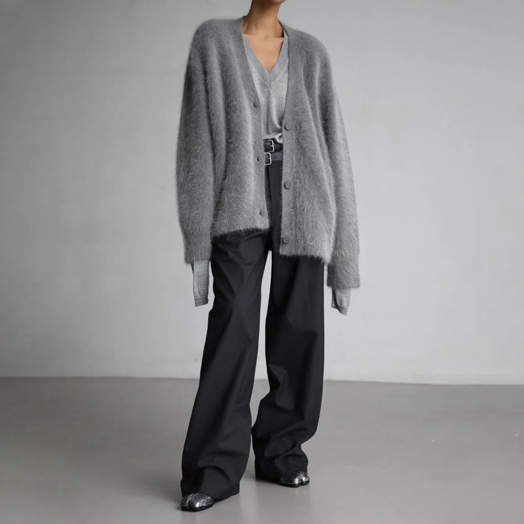 Oversized V Neck Fuzzy Knit Cardigan with Button Front for Women