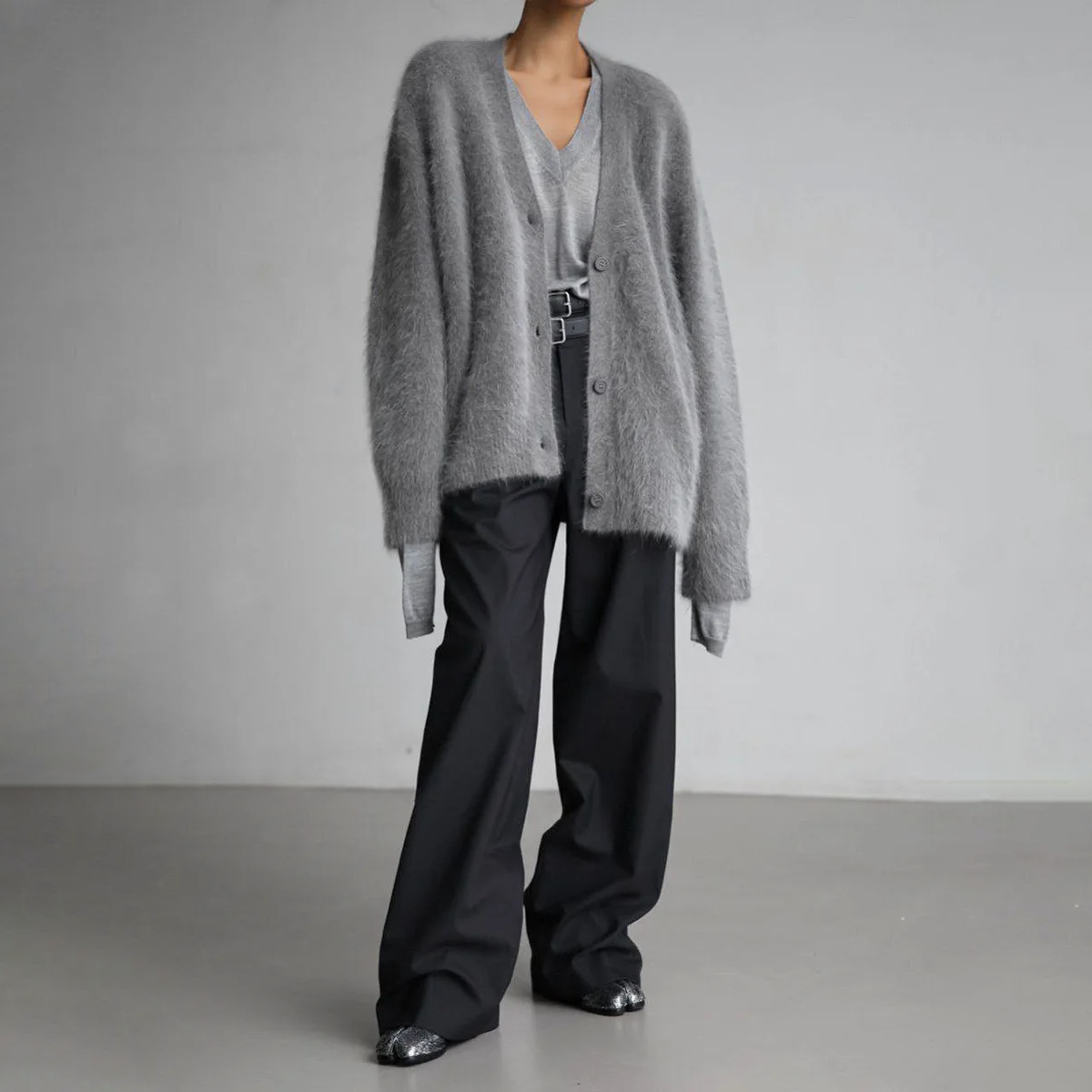 Oversized V Neck Fuzzy Knit Cardigan with Button Front for Women