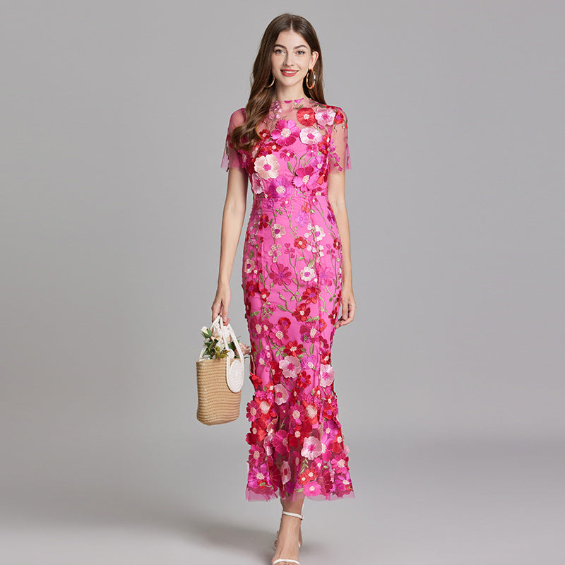 Fitted Long Dress with Floral Embroidery for Women | Perfect for Going Out