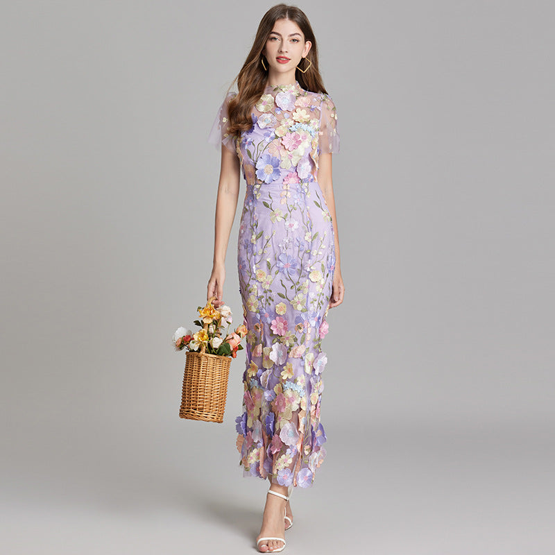 Fitted Long Dress with Floral Embroidery for Women | Perfect for Going Out