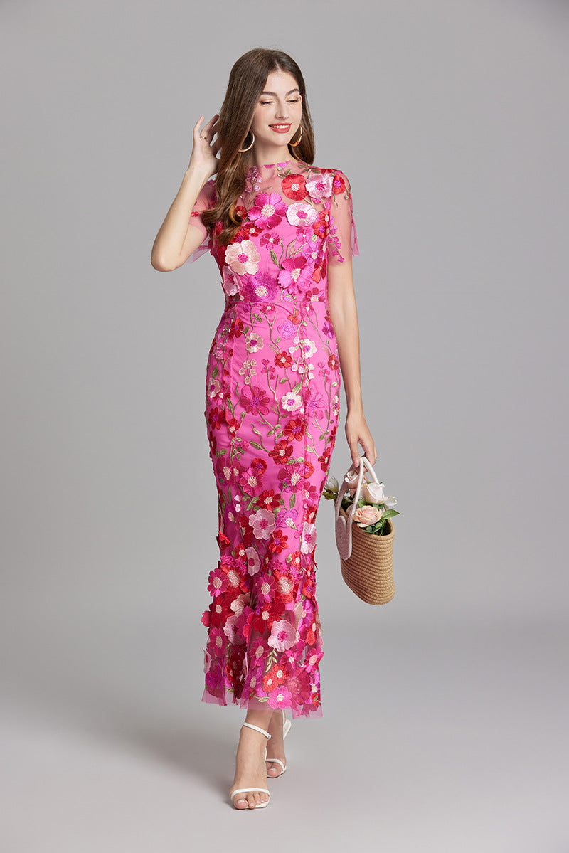 Fitted Long Dress with Floral Embroidery for Women | Perfect for Going Out