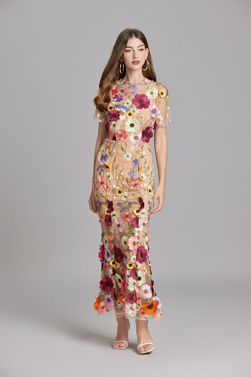 Fitted Long Dress with Floral Embroidery for Women | Perfect for Going Out