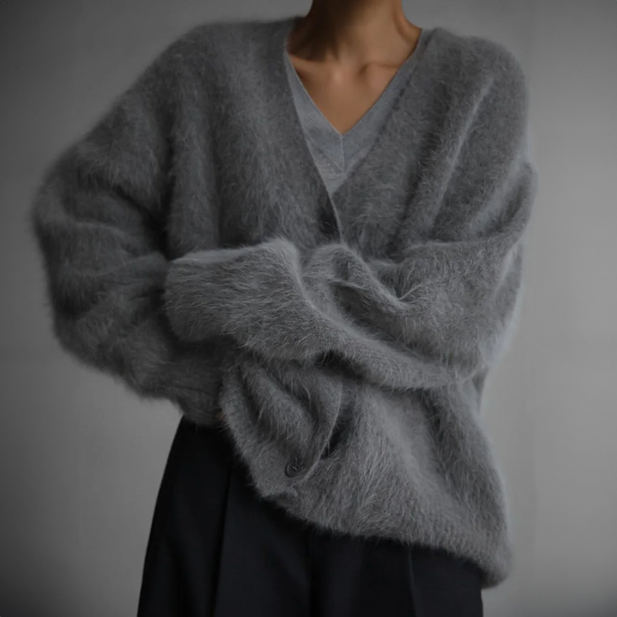 Oversized V Neck Fuzzy Knit Cardigan with Button Front for Women