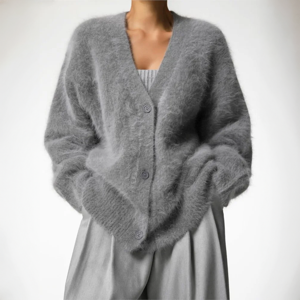 Oversized V Neck Fuzzy Knit Cardigan with Button Front for Women