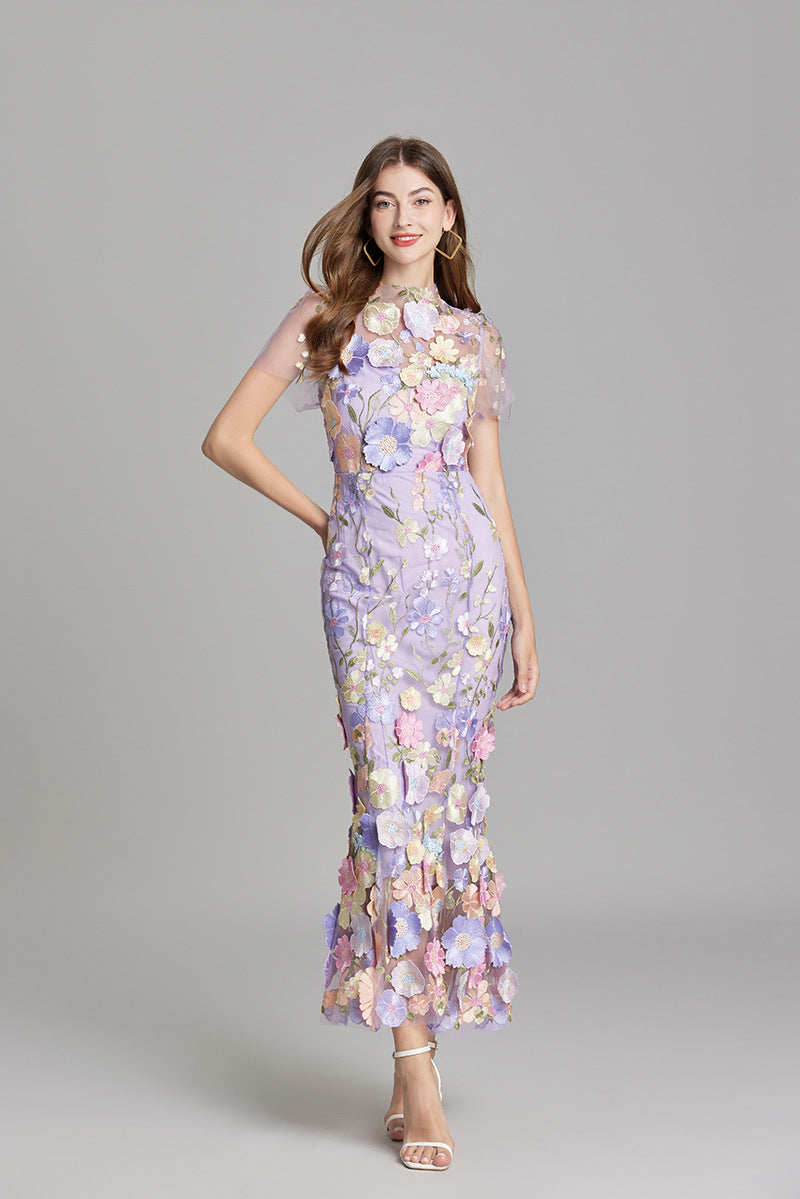 Fitted Long Dress with Floral Embroidery for Women | Perfect for Going Out