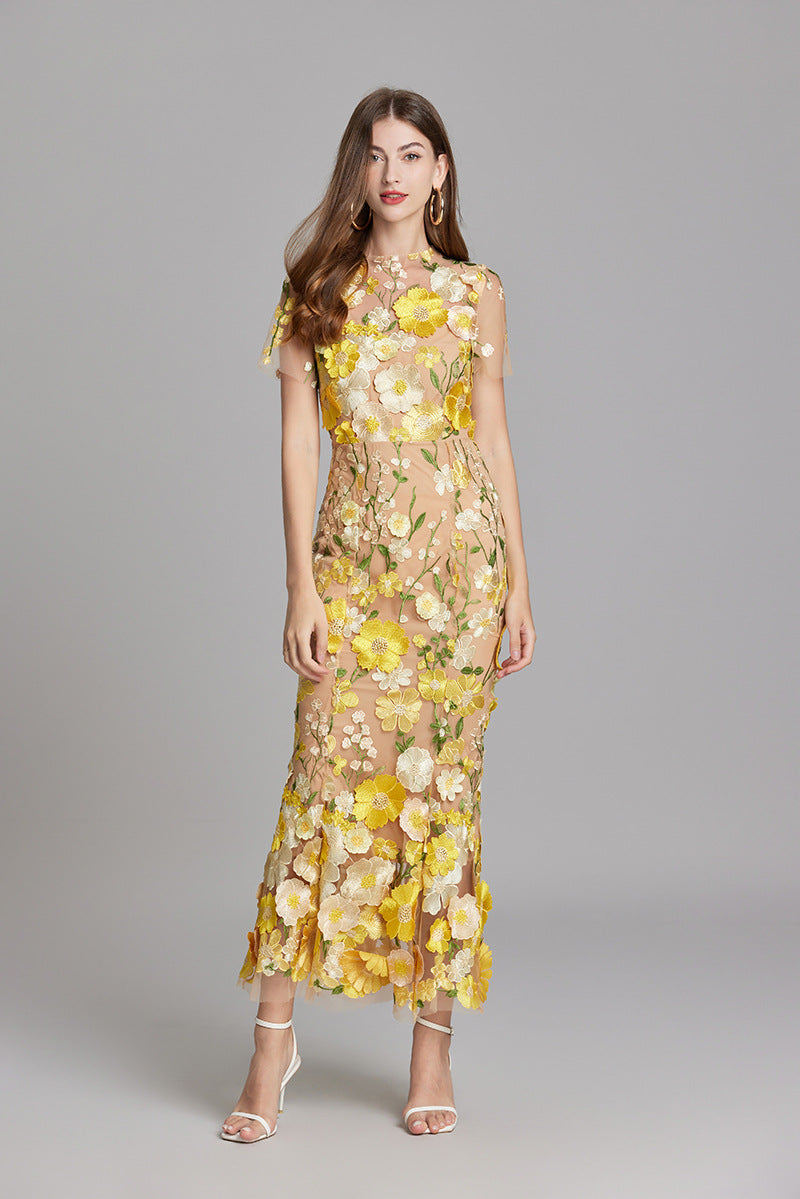 Fitted Long Dress with Floral Embroidery for Women | Perfect for Going Out