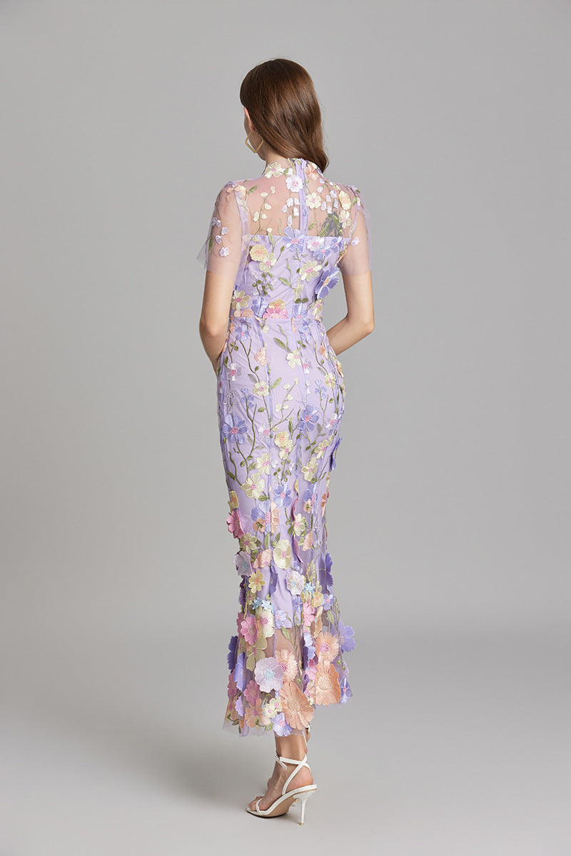 Fitted Long Dress with Floral Embroidery for Women | Perfect for Going Out
