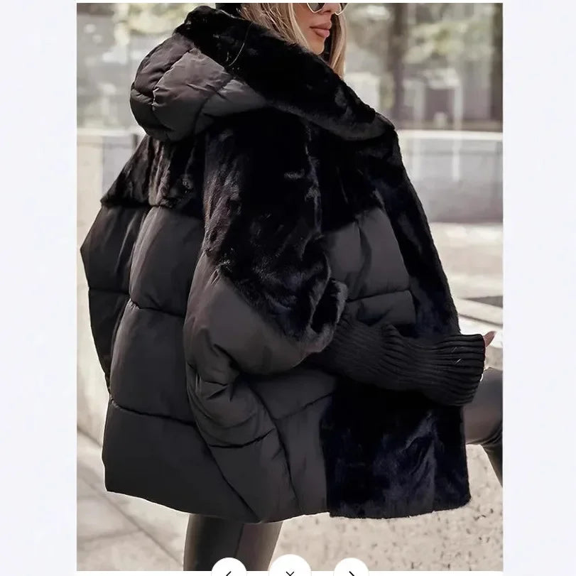 Women's Winter Coat with Large Hood and Faux Fur Collar