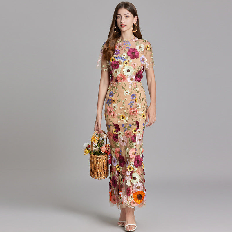 Fitted Long Dress with Floral Embroidery for Women | Perfect for Going Out