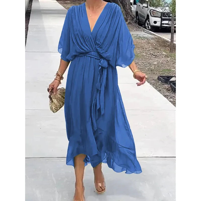 Irregular Chiffon Dress with Bat Sleeve for Women