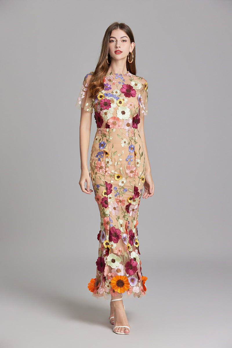 Fitted Long Dress with Floral Embroidery for Women | Perfect for Going Out
