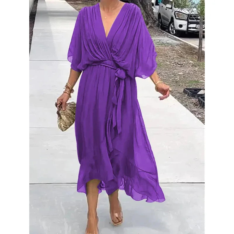 Irregular Chiffon Dress with Bat Sleeve for Women