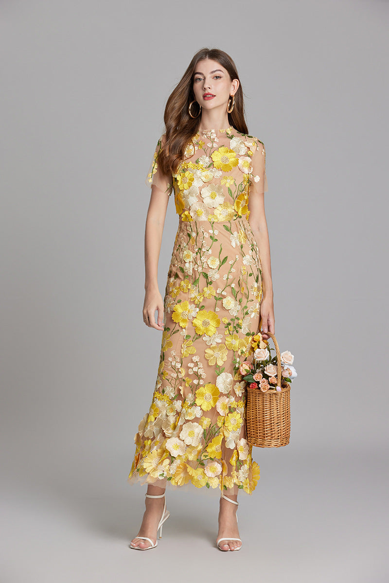 Fitted Long Dress with Floral Embroidery for Women | Perfect for Going Out
