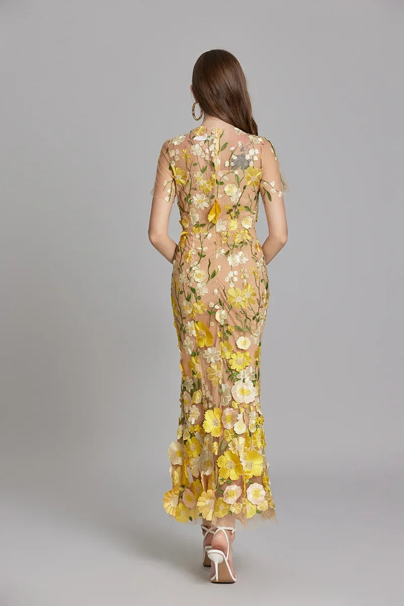 Fitted Long Dress with Floral Embroidery for Women | Perfect for Going Out