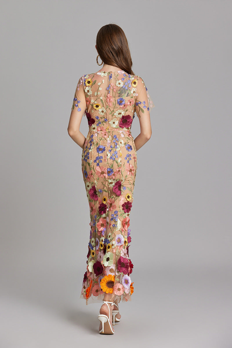 Fitted Long Dress with Floral Embroidery for Women | Perfect for Going Out