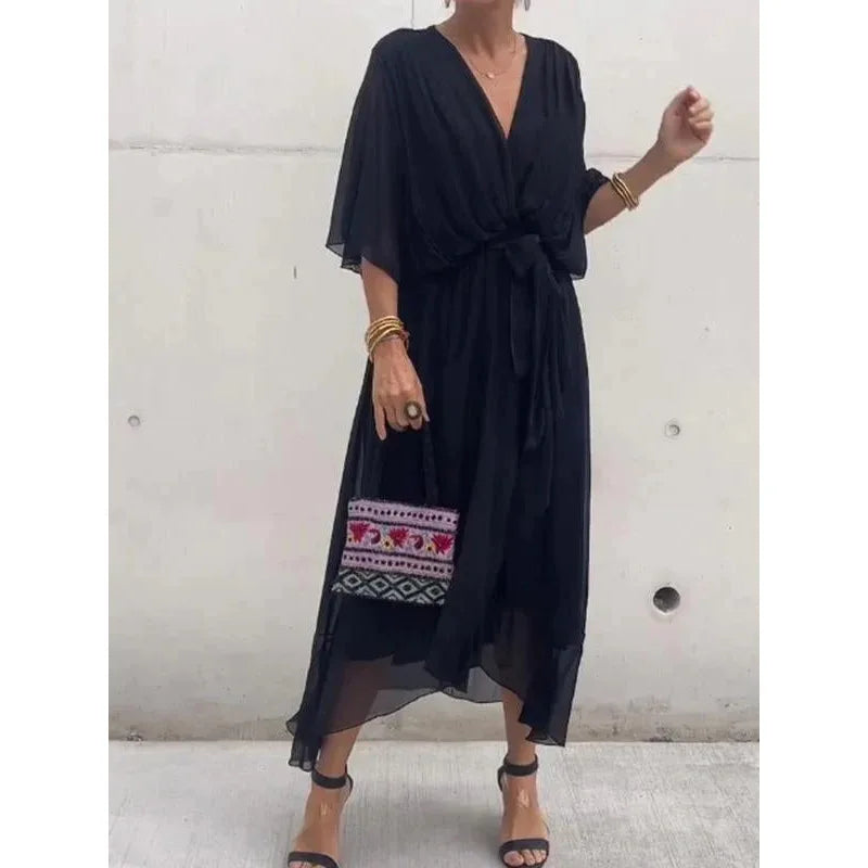 Irregular Chiffon Dress with Bat Sleeve for Women
