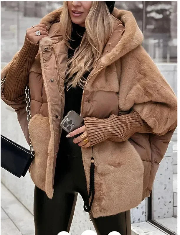 Women's Winter Coat with Large Hood and Faux Fur Collar