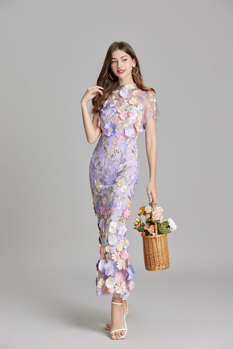 Fitted Long Dress with Floral Embroidery for Women | Perfect for Going Out