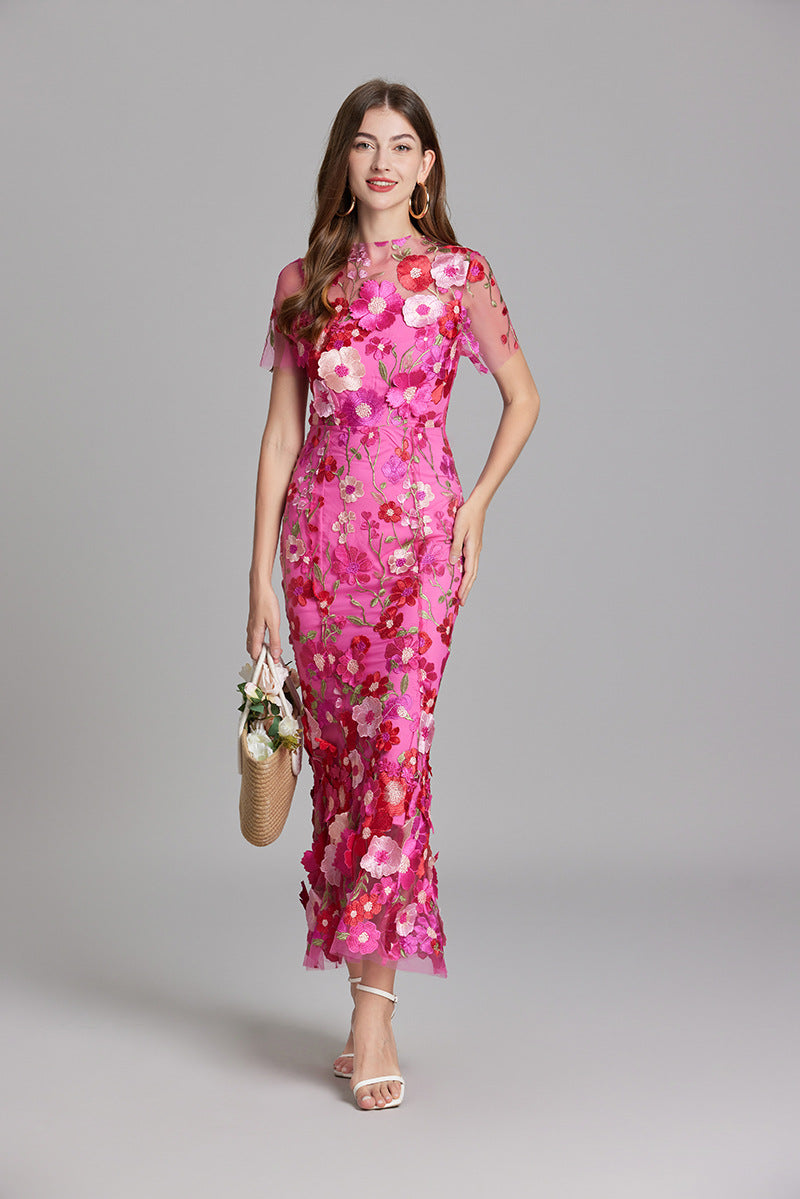 Fitted Long Dress with Floral Embroidery for Women | Perfect for Going Out