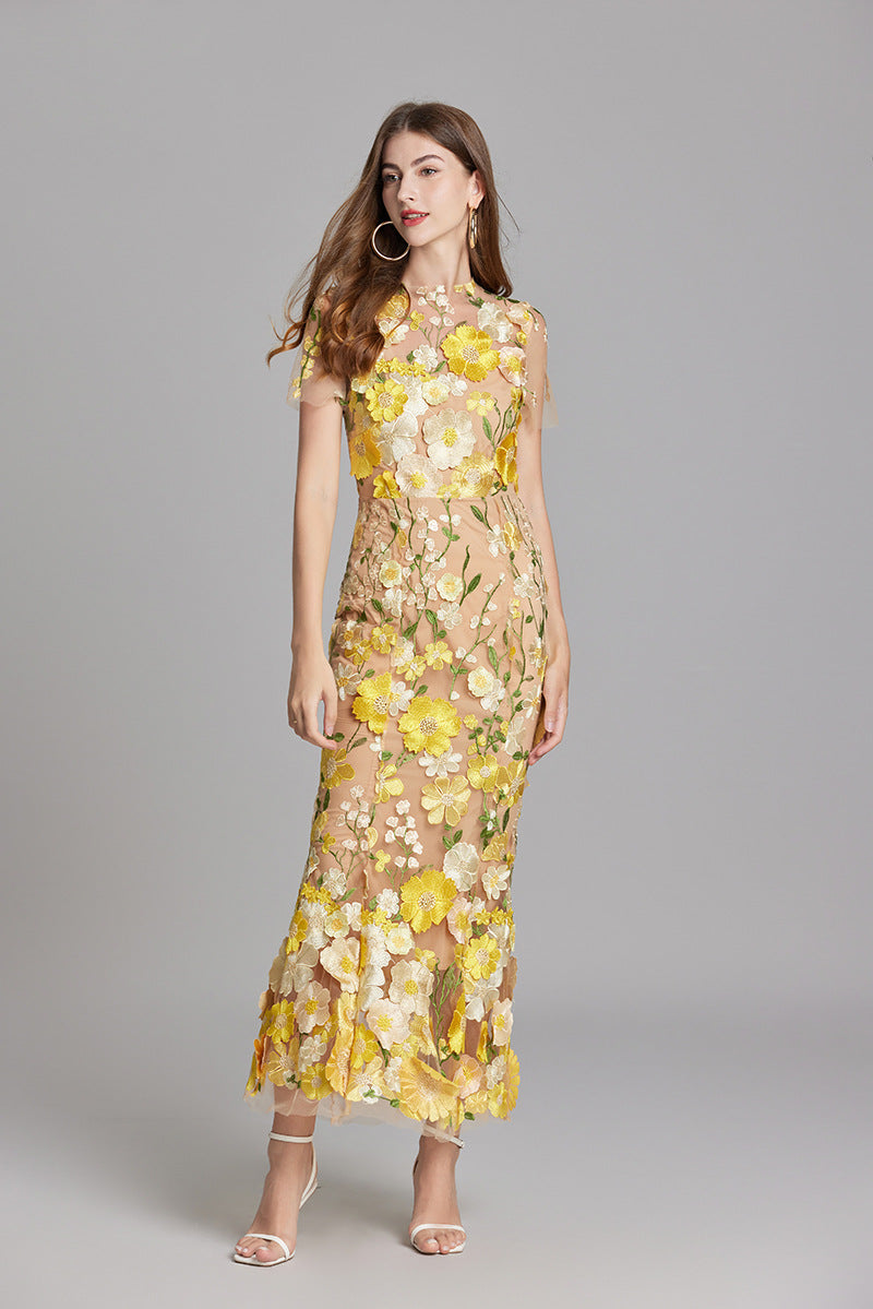 Fitted Long Dress with Floral Embroidery for Women | Perfect for Going Out