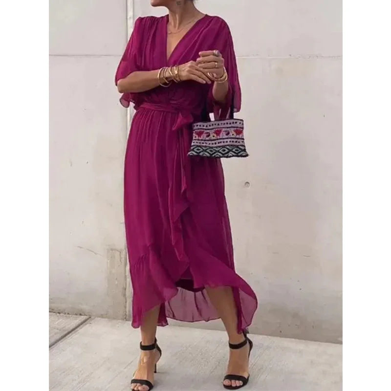 Irregular Chiffon Dress with Bat Sleeve for Women