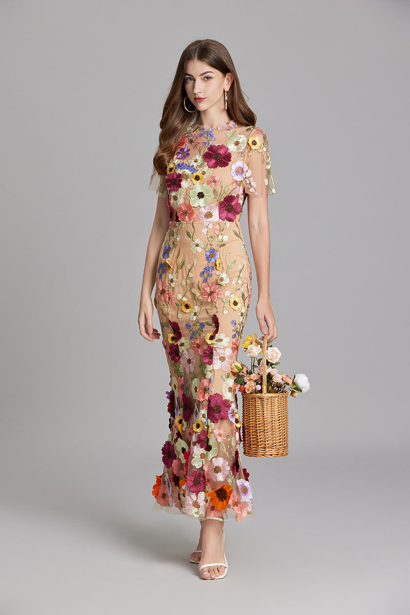 Fitted Long Dress with Floral Embroidery for Women | Perfect for Going Out