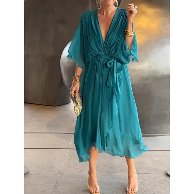Irregular Chiffon Dress with Bat Sleeve for Women