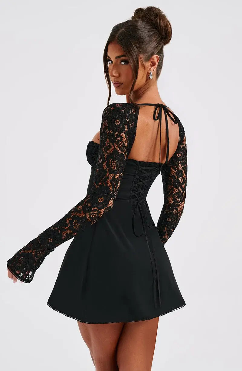 Women's Mini Fitted Dress with Lace Sleeves