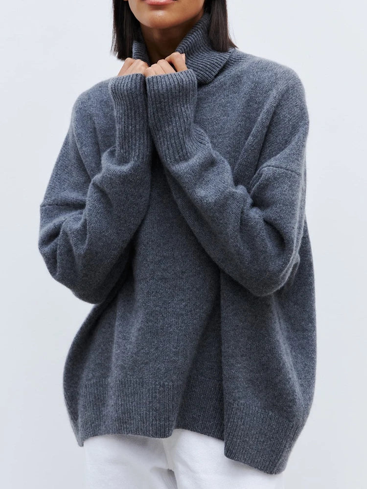 Oversized Alpaca Ribbed Knit Long Sleeve Turtleneck Sweater for Women