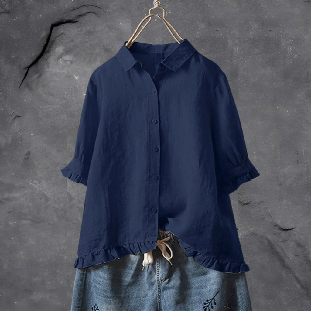 Short Sleeve Blouse for Women with Front Buttons and Ruffle Detail