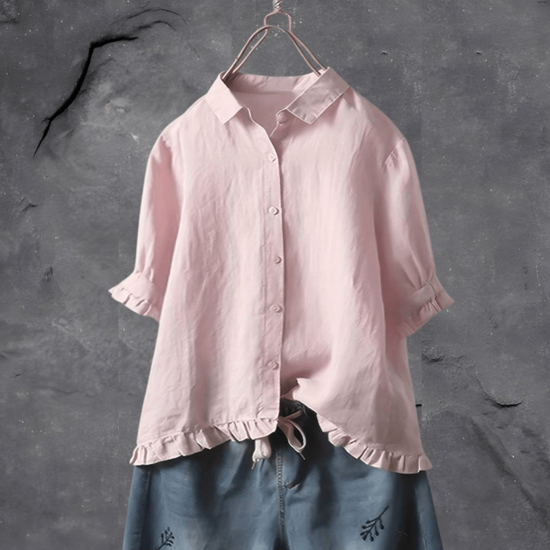 Short Sleeve Blouse for Women with Front Buttons and Ruffle Detail