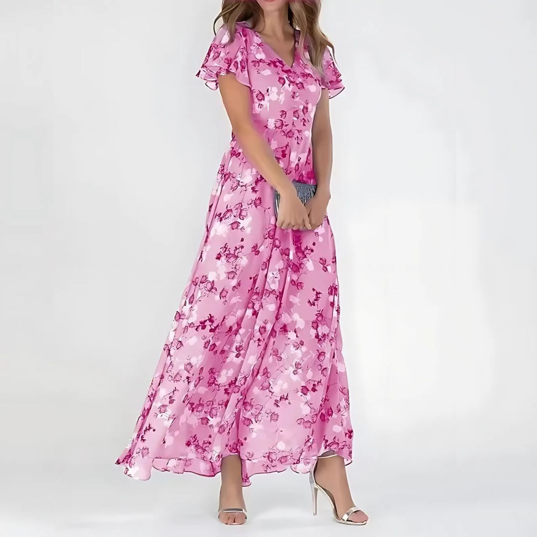 Long Chiffon Dress with Floral Print for Women