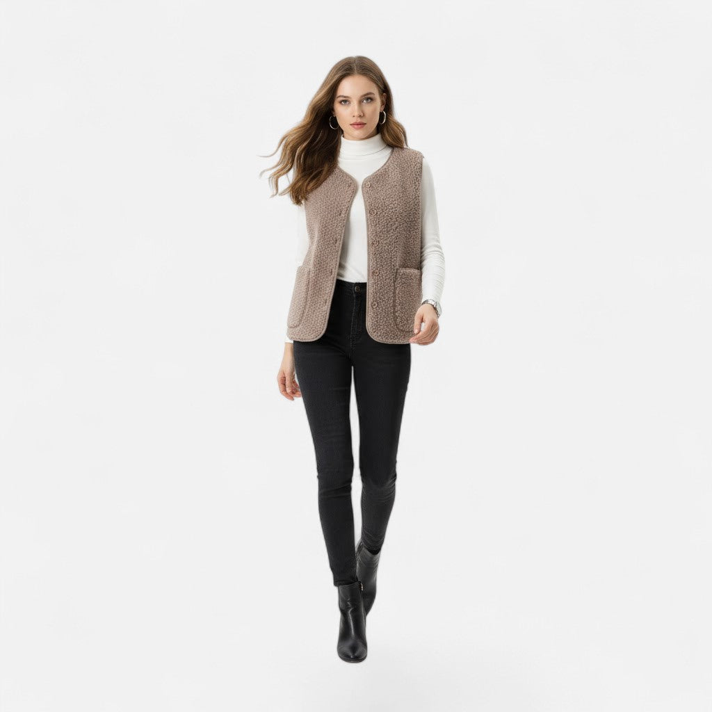 Sherpa Fleece Vest with Button Front and Patch Pockets for Women