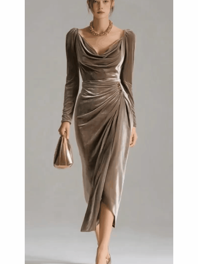 Long Sleeve Velvet Midi Wrap Dress with Cowl Neck for Women