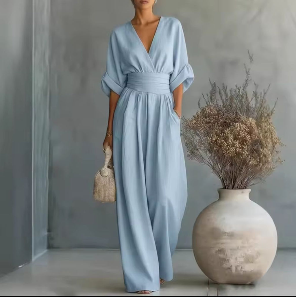 V-Neck Jumpsuit with Wide Pants for Women | Ideal for Summer