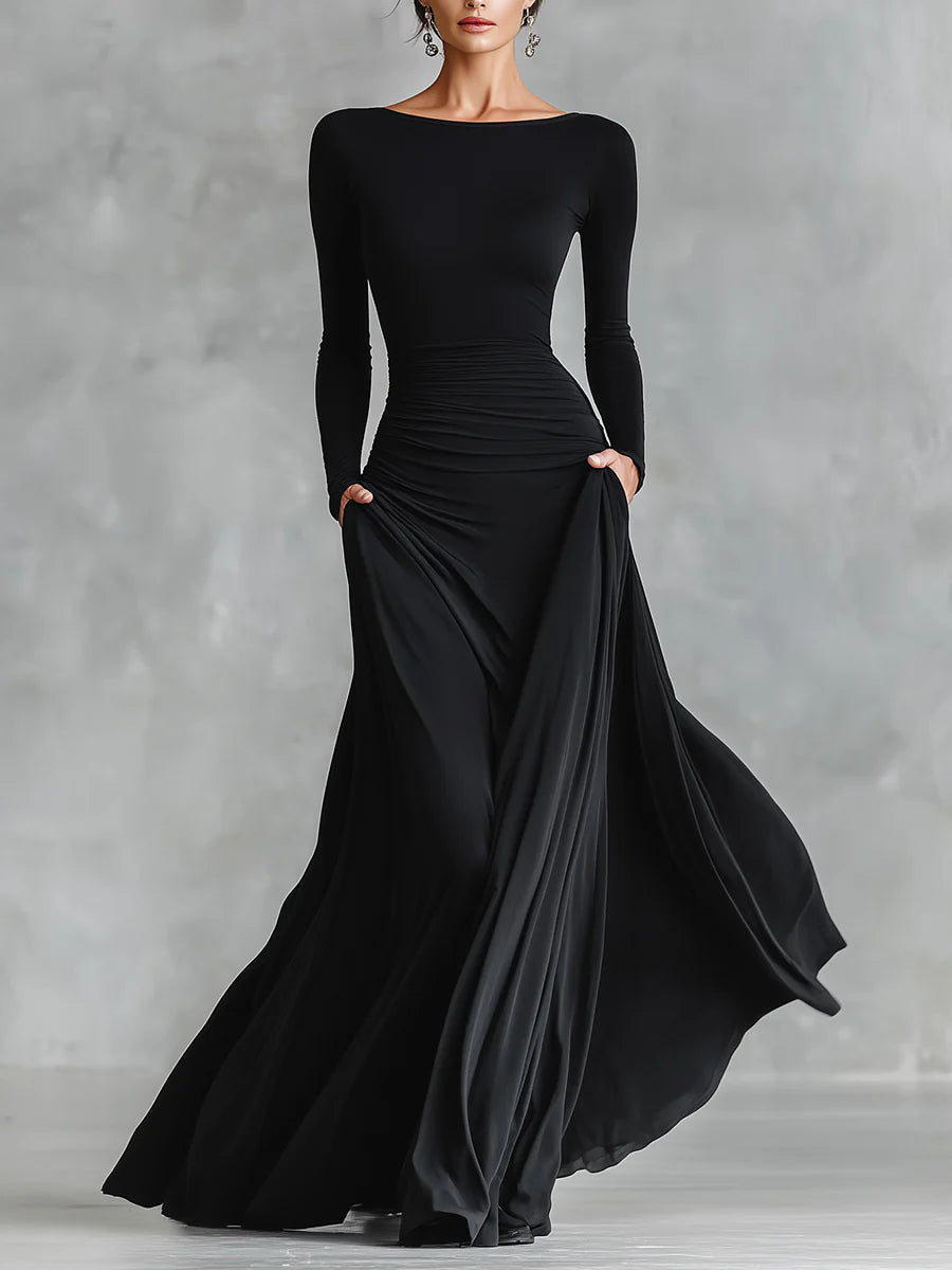 Long Sleeve Maxi Dress with Boat Neck and Side Pockets for Women